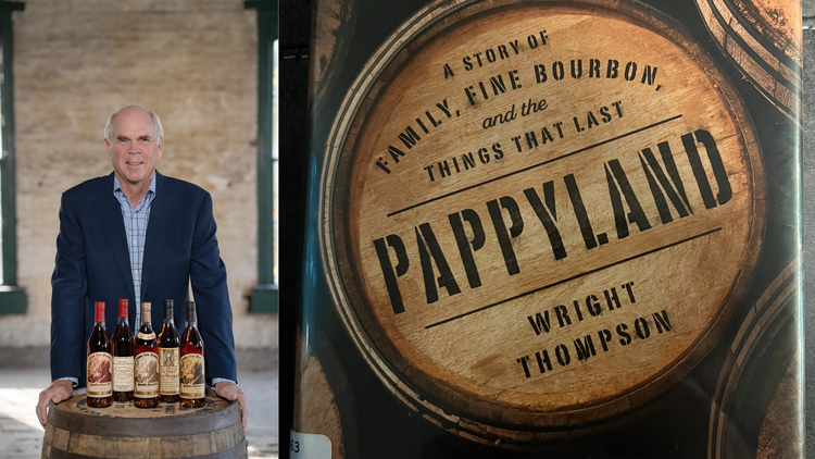 Left: Julian Van Winkle stands behind a barrel with a set of Pappy Van Winkle bourbon on top. Right: The Pappyland Cover