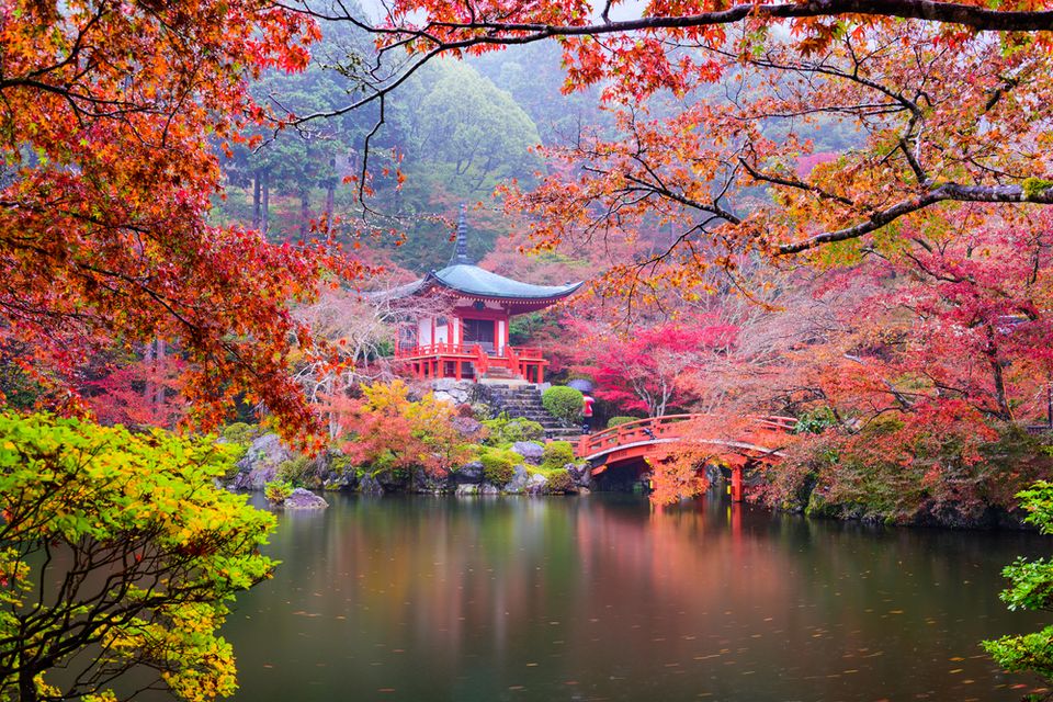 A Japanese building on a river surrounded by a colorful forest.